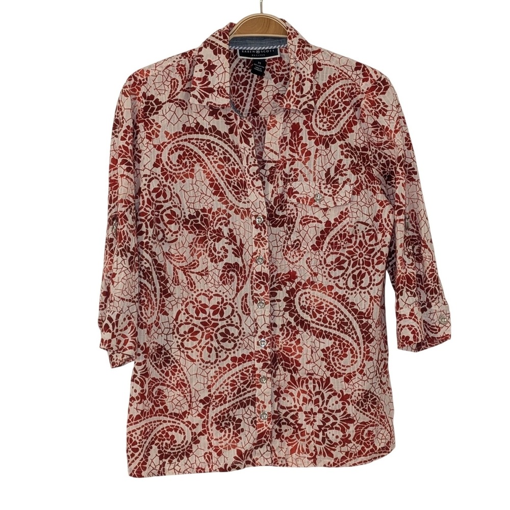 Karen Scott Petites Red White‎ Paisley Button Down Shirt 3/4 Roll Tab Sleeve M